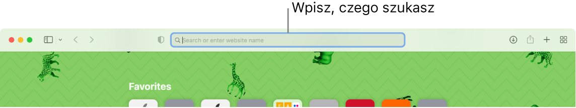 Fragment okna Safari z objaśnieniem wskazującym pole wyszukiwania na górze okna.