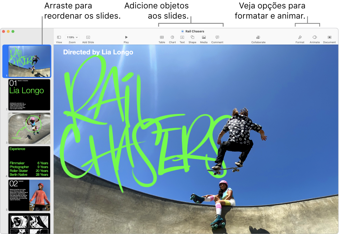 Uma janela do Keynote mostrando o navegador de slides à esquerda e como reordenar slides, a barra de ferramentas e as ferramentas de edição na parte superior, o botão Colaborar próximo à parte superior direita e os botões Formatar, Animar e Documento à direita.