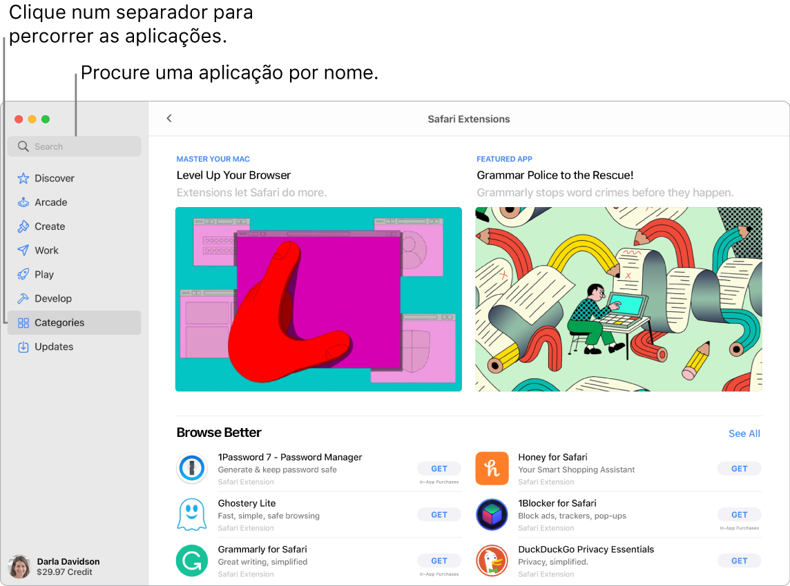 Janela da App Store com o campo de pesquisa e uma página das extensões do Safari.