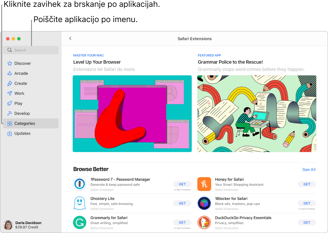 Okno trgovine App Store, v katerem sta prikazana iskalno polje in stran z razširitvami brskalnika Safari.