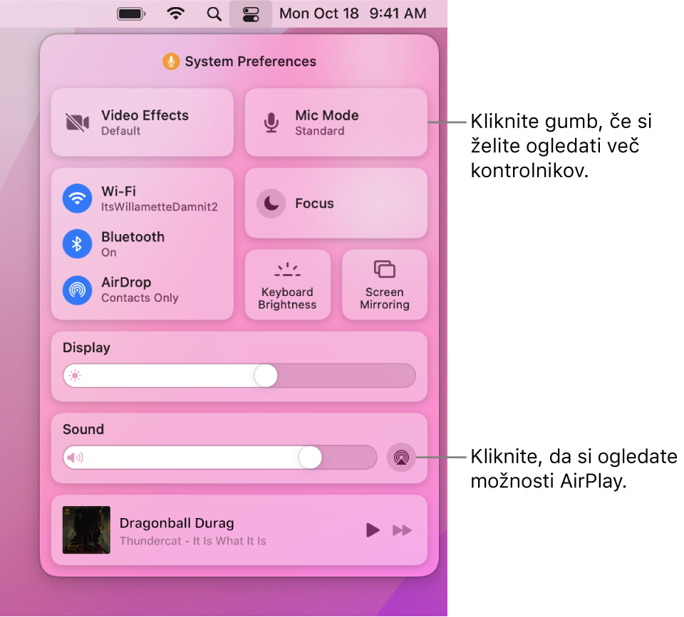 Približan pogled središča Control Center v računalniku Mac s sklicem na gumb Display.