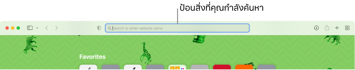 หน้าต่าง Safari ที่ถูกครอบตัดซึ่งมีตัวชี้บรรยายไปยังช่องค้นหาที่ด้านบนสุดของหน้าต่าง