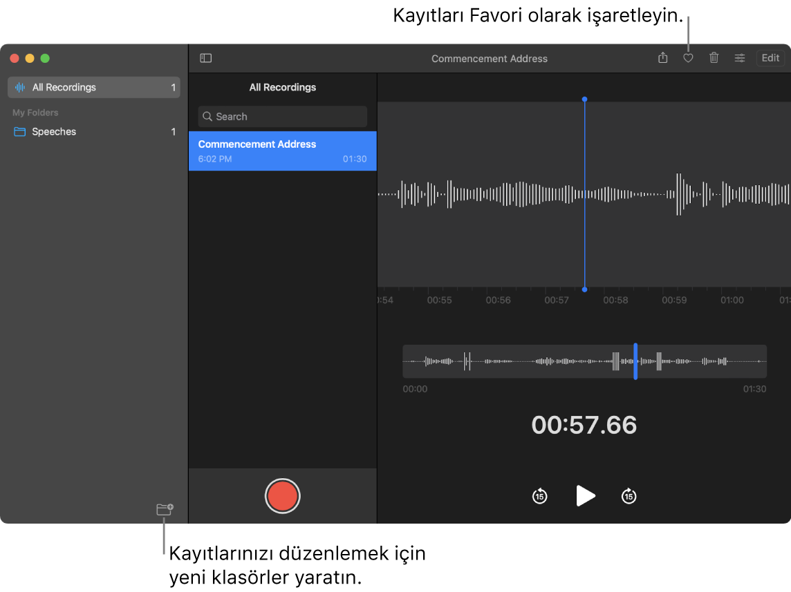 Yeni klasör yaratmanın veya kaydı favori olarak işaretlemenin gösterildiği Sesli Notlar penceresi.