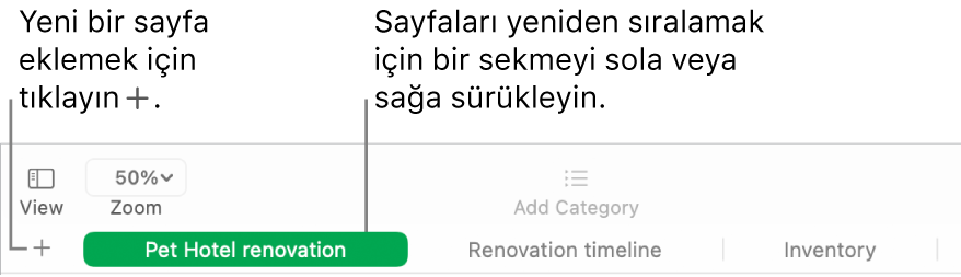 Nasıl yeni sayfa ekleyeceğinizi ve sayfaların sırasını değiştirebileceğinizi gösteren Numbers penceresi.