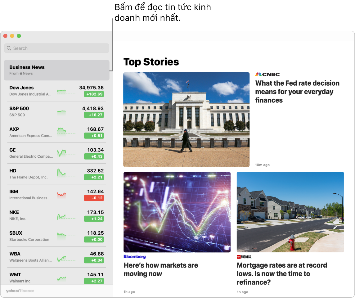 Bảng điều khiển Chứng khoán đang hiển thị giá thị trường trong danh sách theo dõi với Top Stories kèm theo.