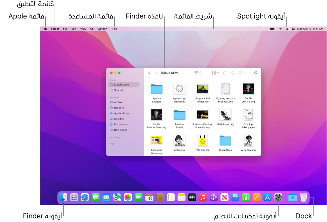 شاشة Mac تعرض قائمة Apple وقائمة المساعدة ونافذة Finder وشريط القائمة وأيقونة Spotlight وأيقونة Finder وأيقونة تفضيلات النظام و Dock.