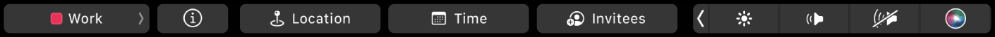 الـ Touch Bar الخاص بتطبيق التقويم وتظهر عليه أزرار اختيار التقويمات، وعرض تفاصيل الحدث، وتحرير الموقع، وتحرير الوقت، وإضافة مدعوين.