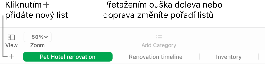 Okno Numbers s popisky popisujícími, jak přidat nové listy a změnit jejich uspořádání