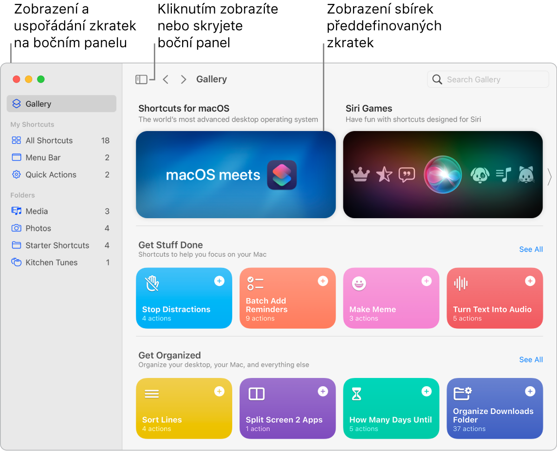 Okno aplikace Zkratky s otevřeným bočním panelem vlevo a galerií vpravo Tlačítko Boční panel a navigační šipky vlevo nahoře nad galerií a pole hledání vpravo nahoře