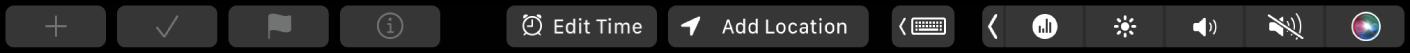 Erinnerungen-Touch Bar mit Tasten für neue Erinnerung, Häkchen, Markierung, Info, Uhrzeit und Ort.