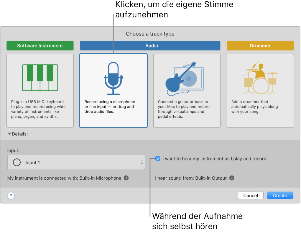 GarageBand-Instrumentbereich mit Taste zur Stimmaufzeichnung und Wiedergabe während der Aufnahme