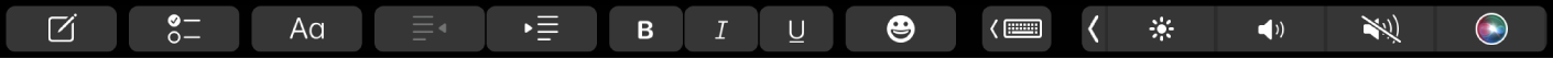 Die Notizen-Touch Bar mit Tasten für die Textformatierung Die Formatierungsoptionen umfassen die Ausrichtung nach links oder rechts, fette und kursive Schrift sowie Unterstreichen. Außerdem gibt es eine Taste zum Anzeigen von Schreibvorschlägen.