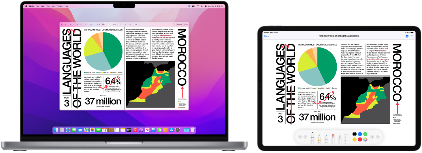 Ένα MacBook Pro και ένα iPad δίπλα-δίπλα. Και στις δύο οθόνες εμφανίζεται ένα άρθρο που καλύπτεται με χειρόγραφες αλλαγές σε κόκκινο χρώμα, όπως διαγραμμένες προτάσεις, βέλη και λέξεις που έχουν προστεθεί. Στο iPad, εμφανίζονται επίσης χειριστήρια σήμανσης στο κάτω μέρος της οθόνης.