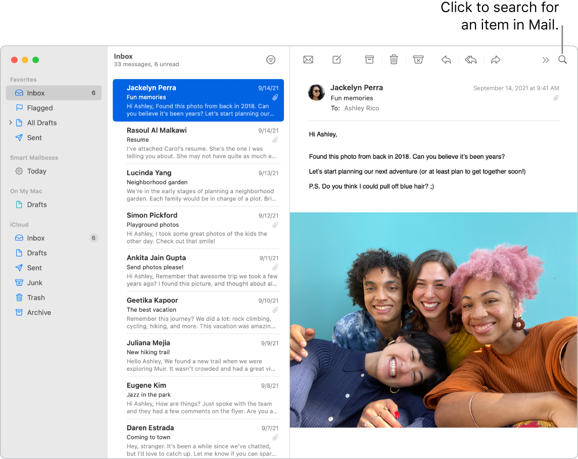 A Mail window showing the sidebar on the left with Favorites, Smart Mailboxes, and iCloud folders, the list of messages next to the sidebar, and the contents of the selected message on the right.