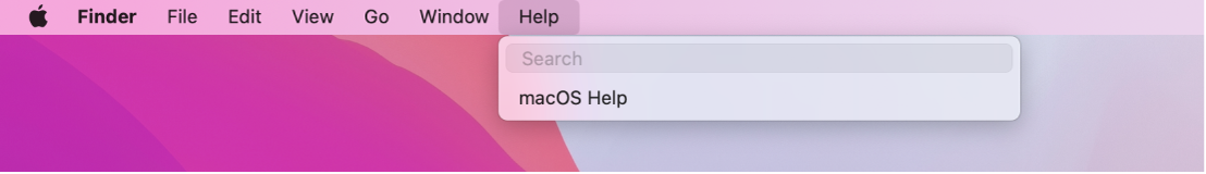 Parte de un escritorio con el menú Ayuda abierto, mostrando las opciones del menú Buscar y Ayuda de macOS.