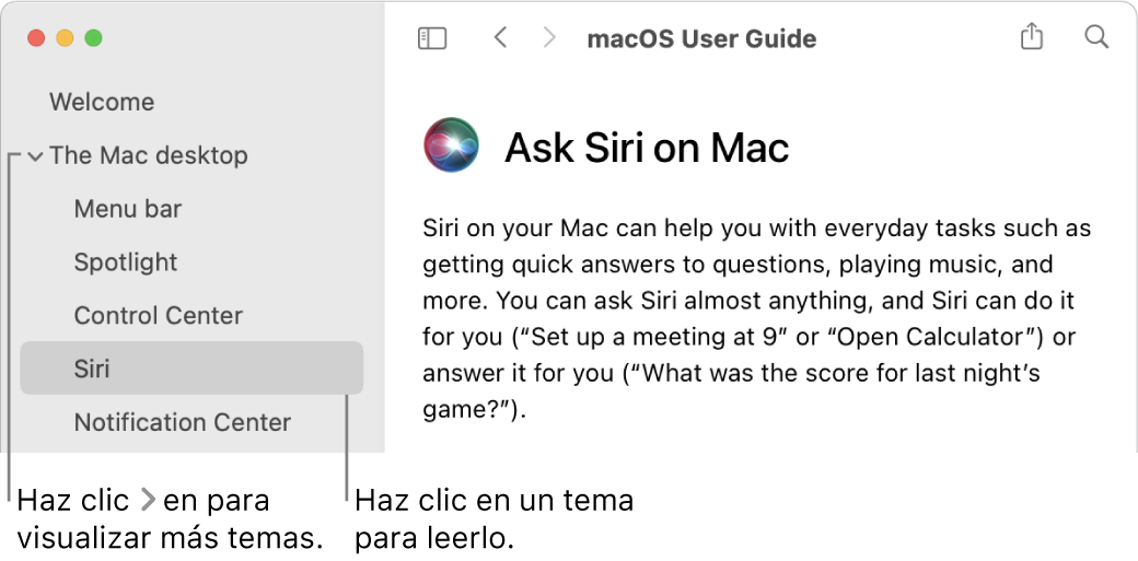 Visor de Ayuda donde se muestra cómo ver los temas enumerados en la barra lateral y cómo mostrar el contenido de un tema.