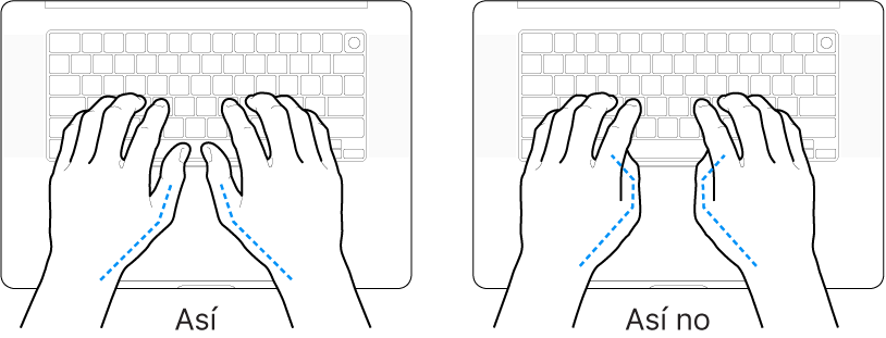 Manos colocadas sobre un teclado que muestran una posición correcta e incorrecta de los pulgares.