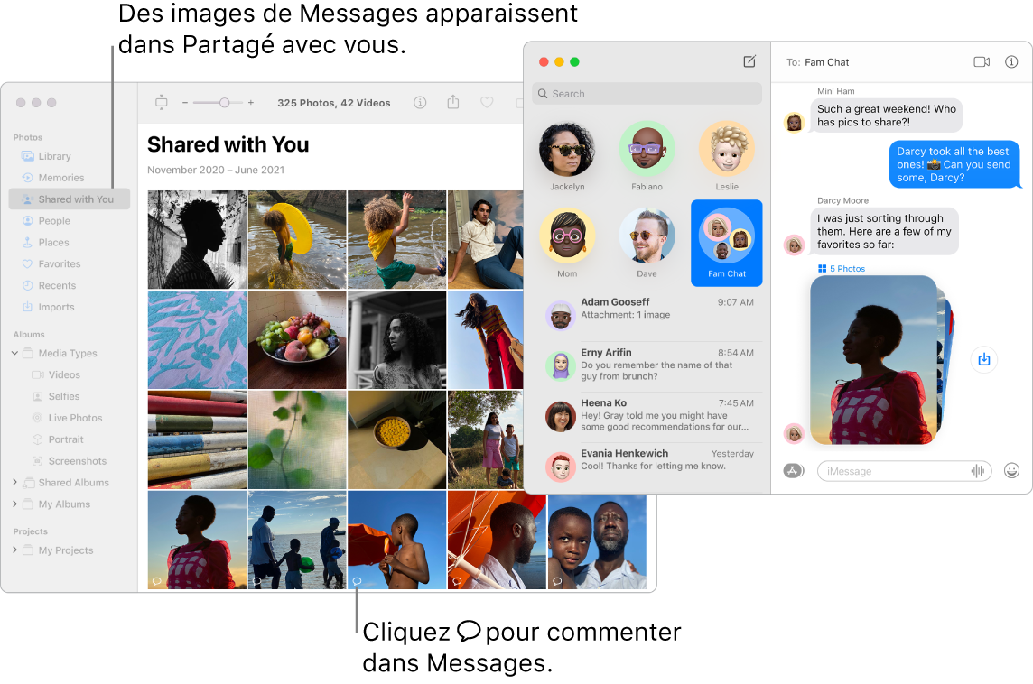 Une conversation Messages sur la droite avec une pile de photos, et la section « Partagé avec vous » d’une fenêtre Photos montrant les photos partagées depuis l’app Messages.