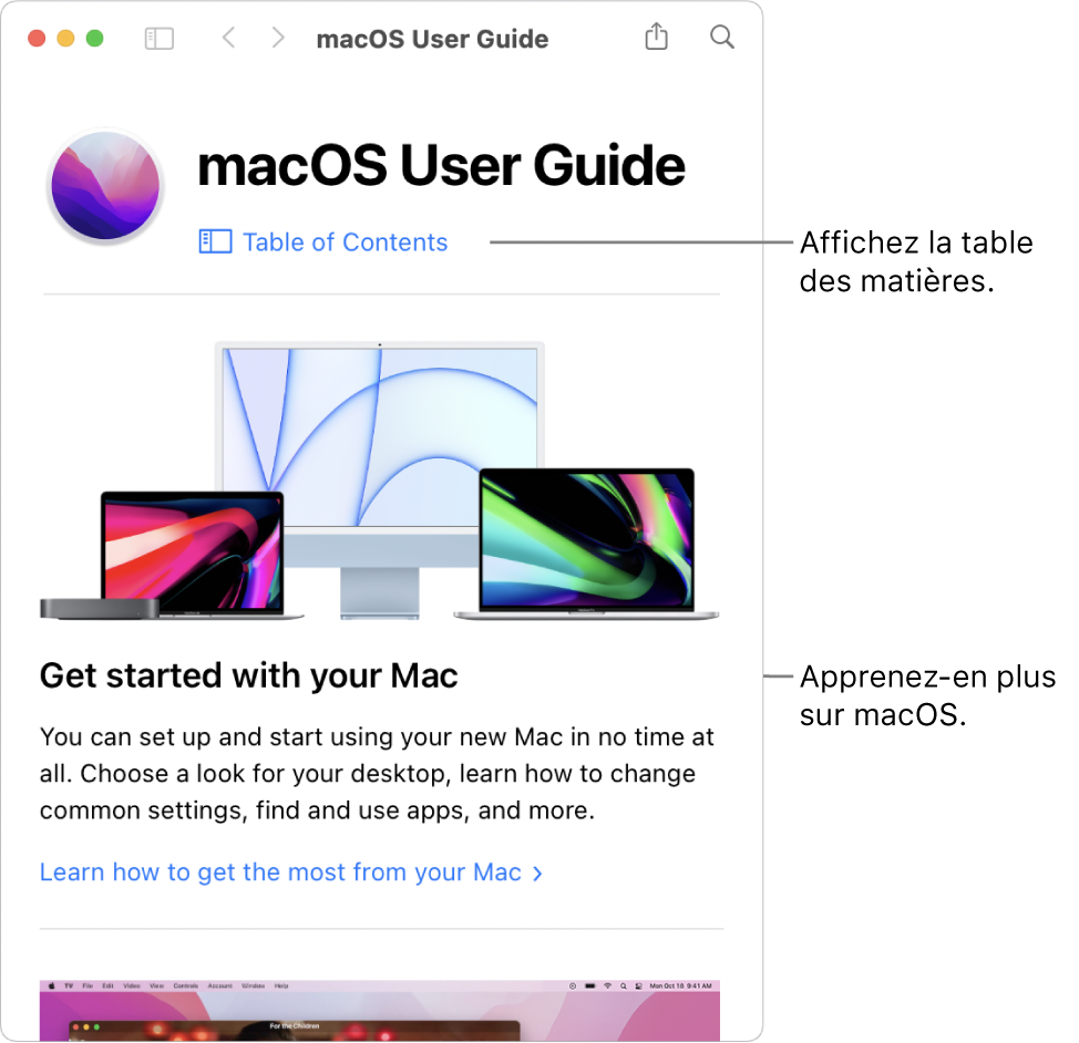 La page d’accueil du guide d’utilisation de macOS présentant le lien Table des matières.