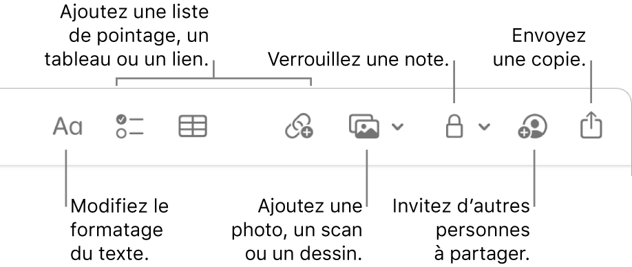 La barre d’outils de Notes avec des légendes pour les outils de format de texte, de liste de pointage, de tableau, de lien, de photos/contenu multimédia, de verrouillage, de partage et d’envoi d’une copie.