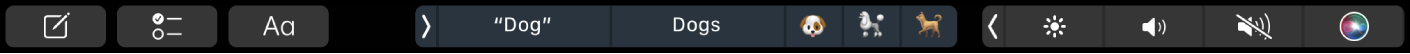 A Touch Bar a szövegszerkesztésre és prediktív szövegbevitelre szolgáló gombokkal.