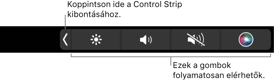 Az alapértelmezett Touch Bar egy részlete, amelyen látható a visszazárt Control Strip. A kibontás gombra koppintva megjelenítheti a teljes Control Stripet.