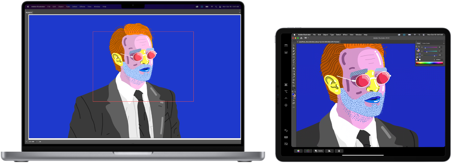 MacBook Pro dan iPad berdampingan. MacBook Pro menampilkan gambar di dalam jendela navigator ilustrator. iPad menampilkan gambar yang sama di jendela dokumen ilustrator, dikelilingi oleh bar alat.