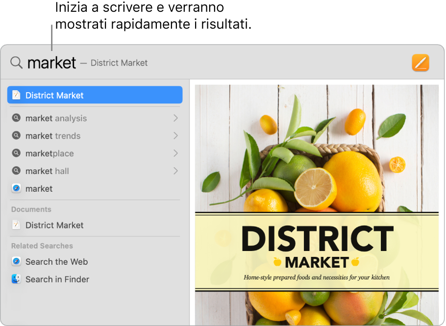 La finestra di Spotlight che mostra i risultati di ricerca a sinistra.