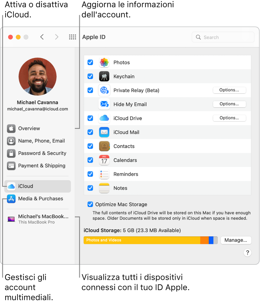 Il pannello Apple ID di Preferenze di Sistema. Fai clic su un elemento nella barra laterale per aggiornare le informazioni dell'account, attivare o disattivare iCloud, gestire gli account multimediali o visualizzare tutti i dispositivi in cui hai effettuato l'accesso con il tuo ID Apple.