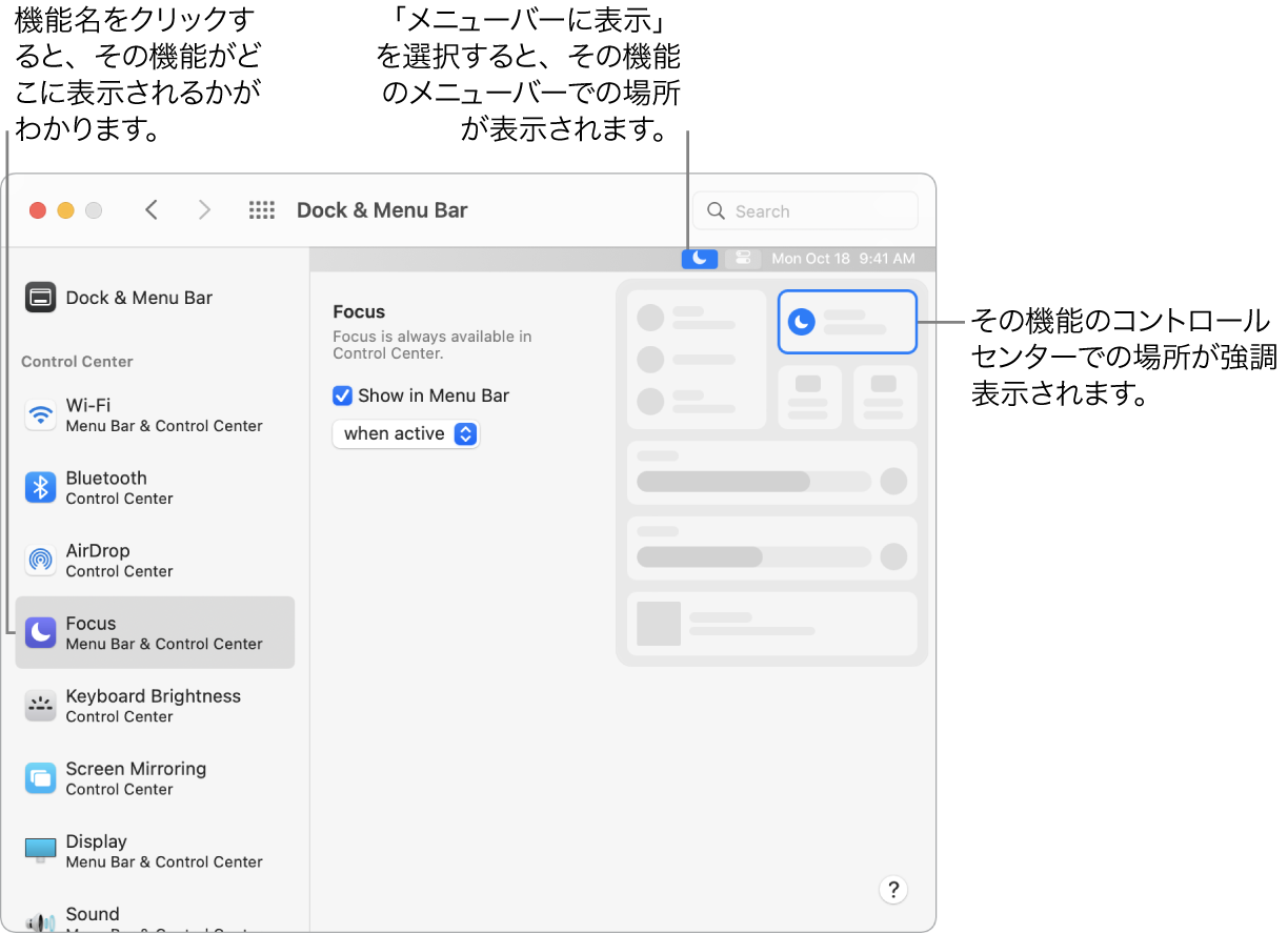 「Dockとメニューバー」環境設定ウインドウ。