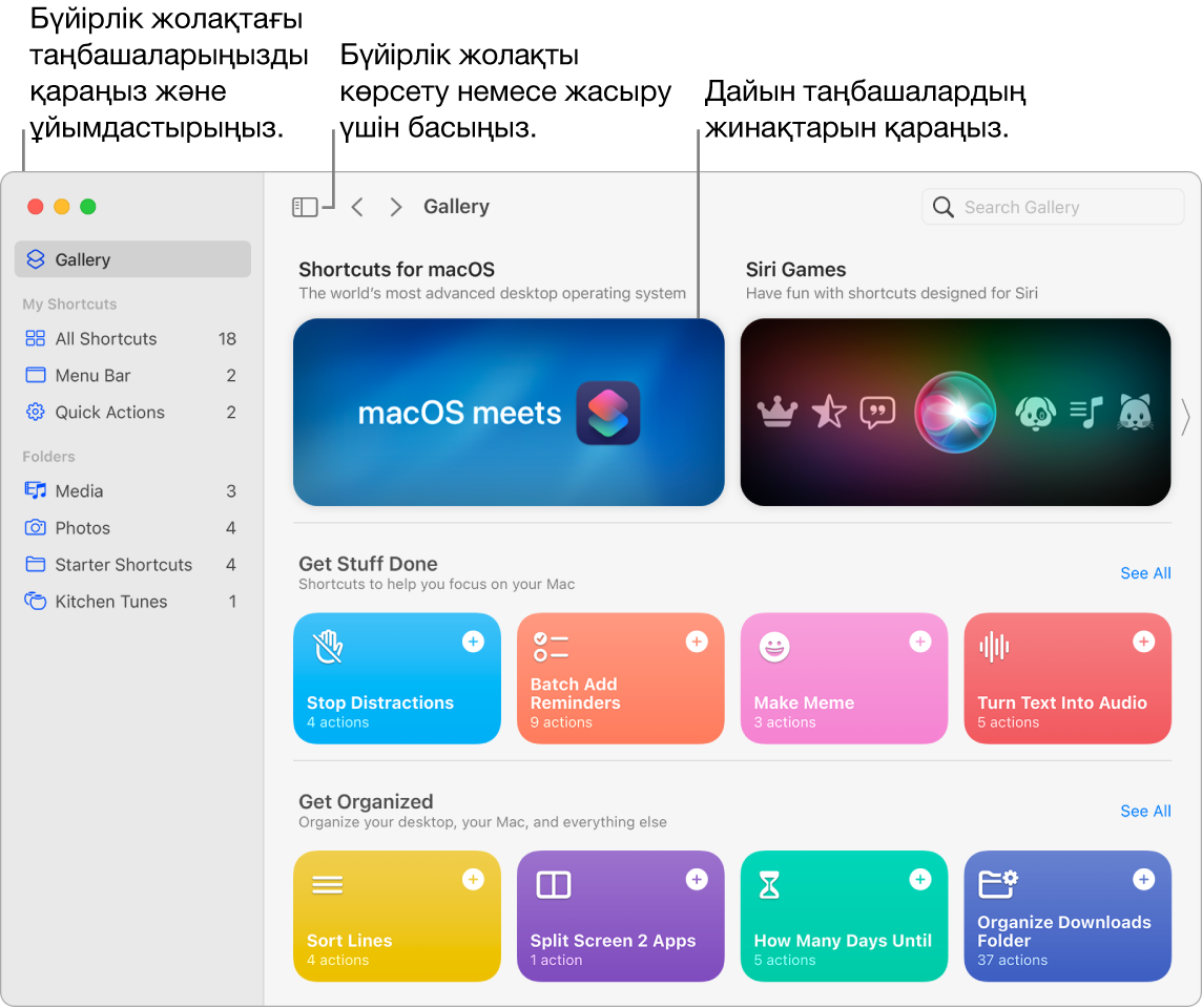 Сол жағында бүйірлік жолақ ашық, ал оң жағында Gallery терезесі бар Shortcuts терезесі. Sidebar түймесі мен шарлау көрсеткілері Gallery терезесінің жоғарғы жол жағында, ал іздеу өрісі жоғарғы оң жақта орналасқан.