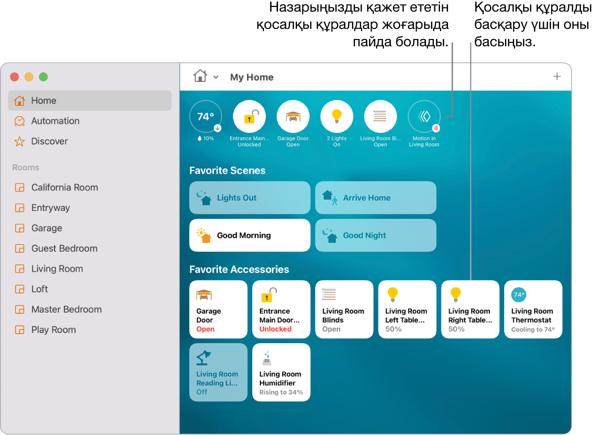 Таңдаулы көріністер мен таңдаулы қосалқы құралдарды көрсетіп тұрған Home қолданбасы.