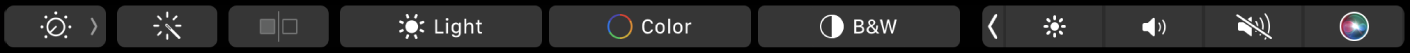 Rodomi „Touch Bar“ mygtukai, skirti redaguoti nuotraukas – apkirpti, filtruoti, koreguoti ir retušuoti, – bei papildomų parinkčių naršymo mygtukas.