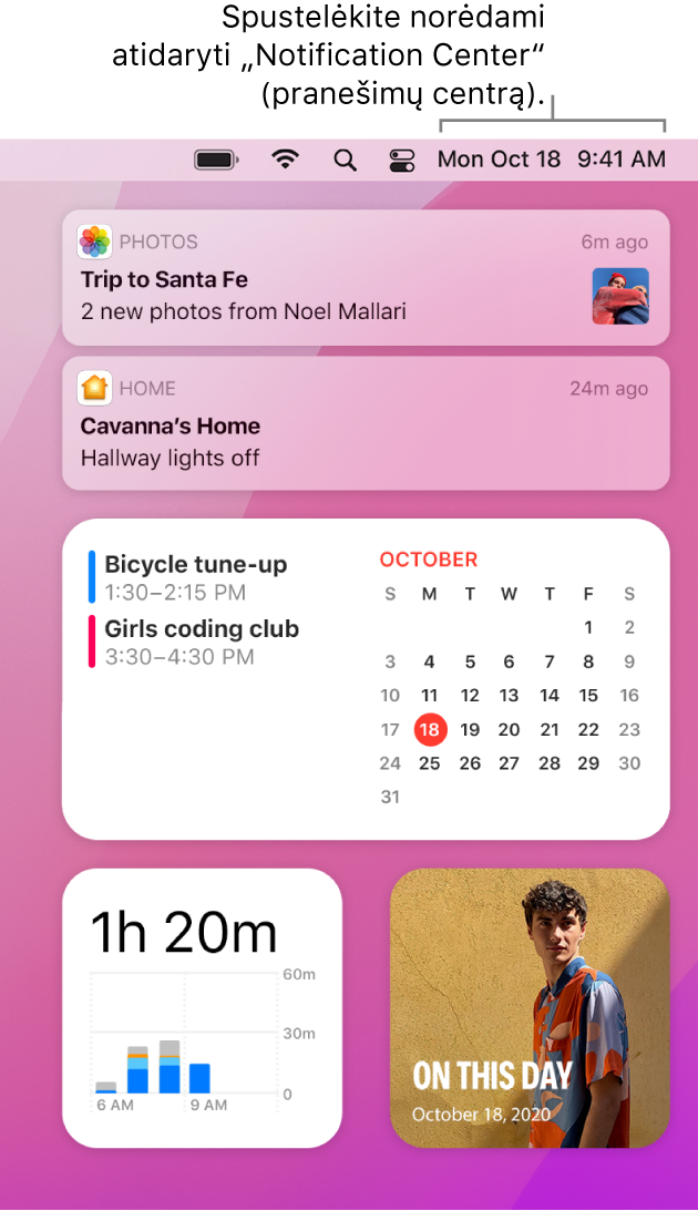 „Notification Center“ su „Photos“, „Home“, „Calendar“ ir „ScreenTime“ pranešimais ir valdikliais.