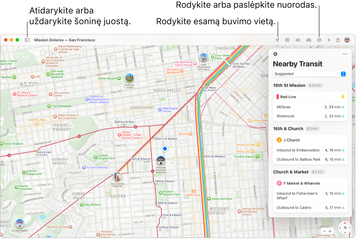 „Maps“ langas, kuriame rodoma, kaip gauti keliavimo nurodymu spustelėjus atvykimo vietą šoninėje juostoje, kaip atidaryti ar uždaryti šoninę juostą ir kaip rasti dabartinę buvimo vietą žemėlapyje.