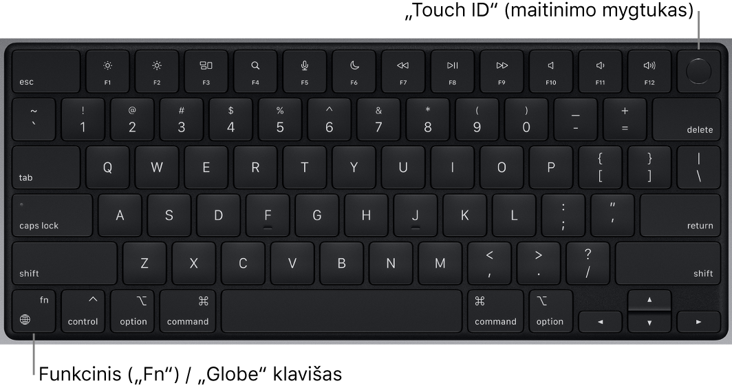 „MacBook Pro“ klaviatūra, kurios viršuje matosi funkcinių klavišų eilė, „Touch ID“ maitinimo mygtukas, o apatiniame kairiajame kampe – klavišas „Function“ („Fn“).