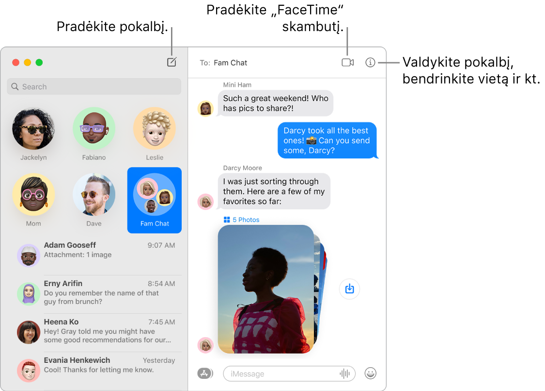 „Messages“ langas, rodantis, kaip pradėti pokalbį ir „FaceTime“ skambutį.