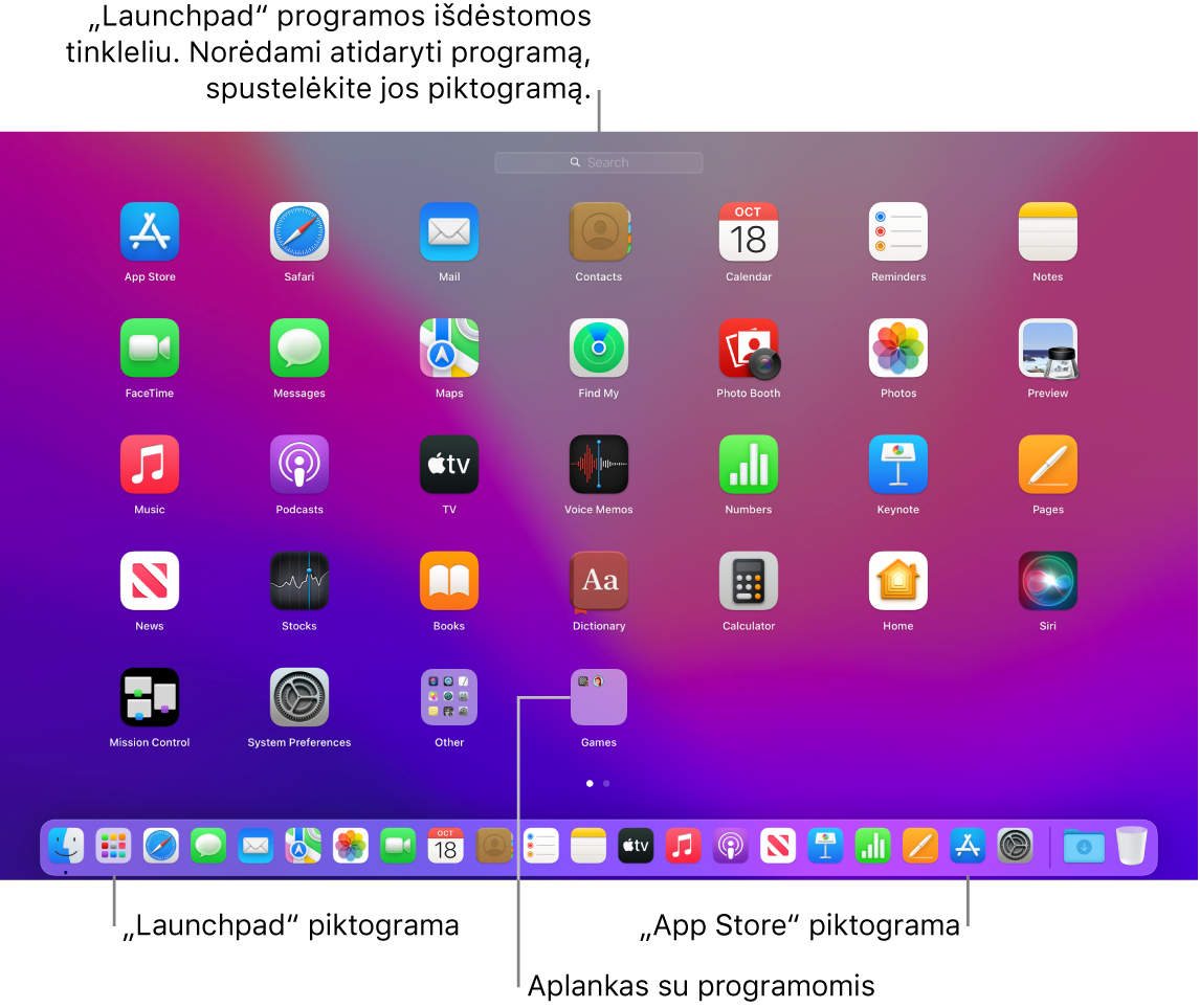„Mac“ ekrane atidaryta funkcija „Launchpad“: rodomas „Launchpad“ programų aplankas, „Dock“ juostoje matomos „Launchpad“ ir „App Store“ piktogramos.