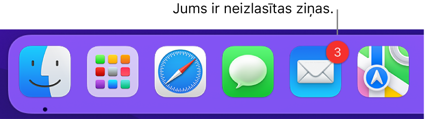 Joslas Dock daļa, kurā redzama lietotnes Mail ikona ar emblēmu, kas norāda nelasīto ziņojumu skaitu.