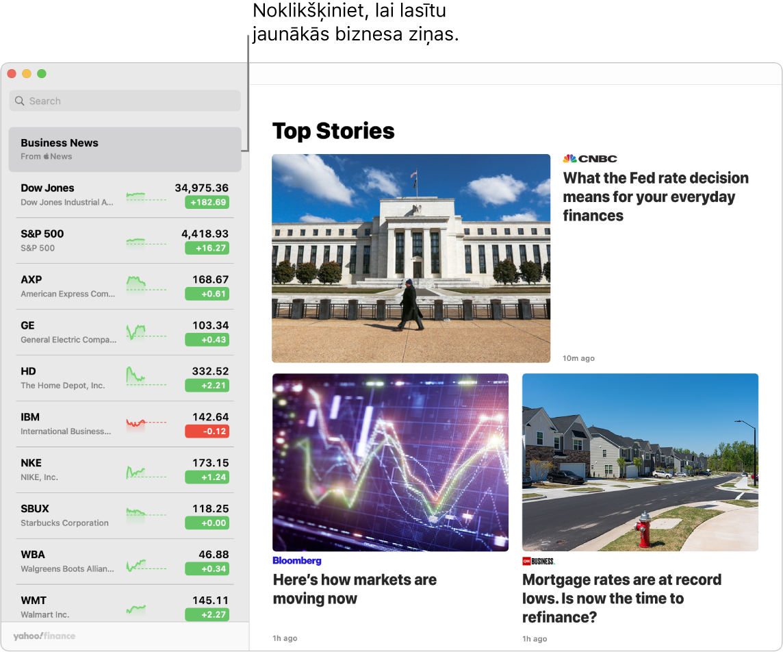 Lietotnes Stocks informācijas panelis ar tirgus cenām skatīšanas sarakstā un atbilstošajiem Top Stories.