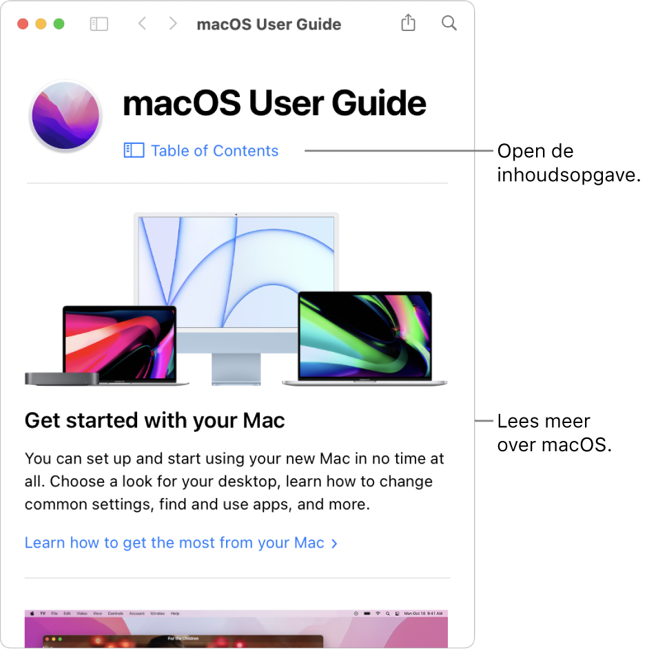 De welkomstpagina van de macOS-gebruikershandleiding met de link 'Inhoudsopgave'.