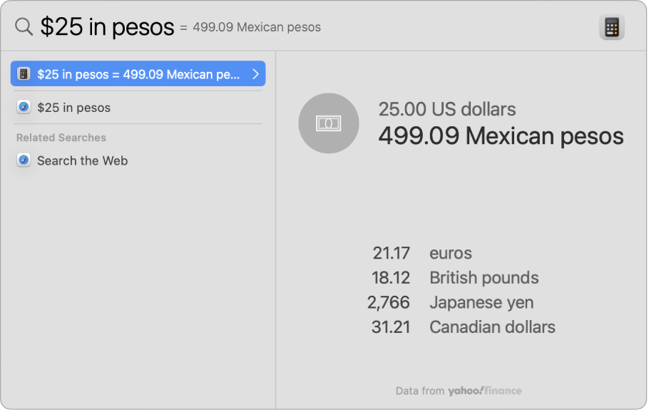 Een schermafbeelding met dollars omgerekend naar pesos en de omrekening als beste resultaat. Eronder staan verschillende andere resultaten die je kunt selecteren.