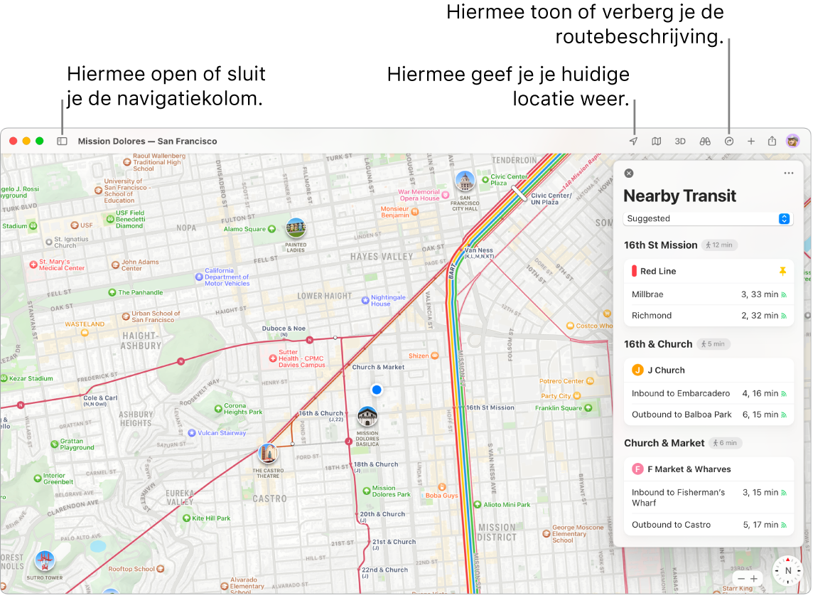 Een Kaarten-venster waarin te zien is hoe je een routebeschrijving opvraagt door op een bestemming in de navigatiekolom te klikken, hoe je de navigatiekolom opent of sluit en hoe je je huidige locatie op de kaart vindt.