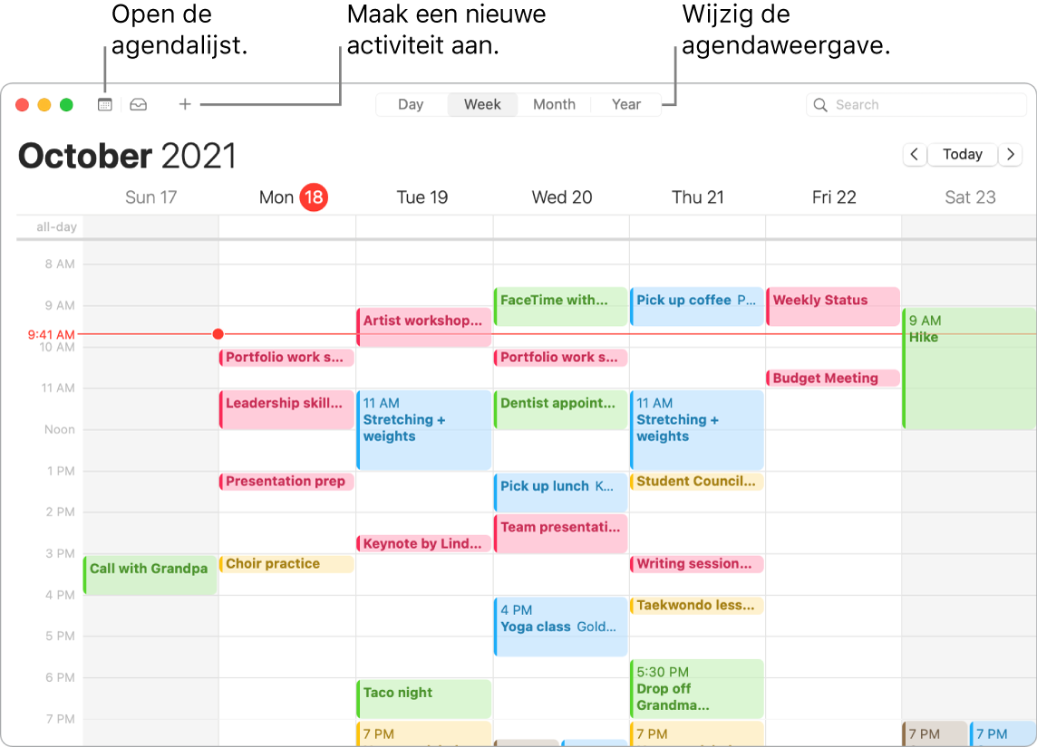 Een Agenda-venster waarin wordt aangegeven hoe je een activiteit aanmaakt, de agendalijst weergeeft en de dag-, week-, maand- of jaarweergave kiest.