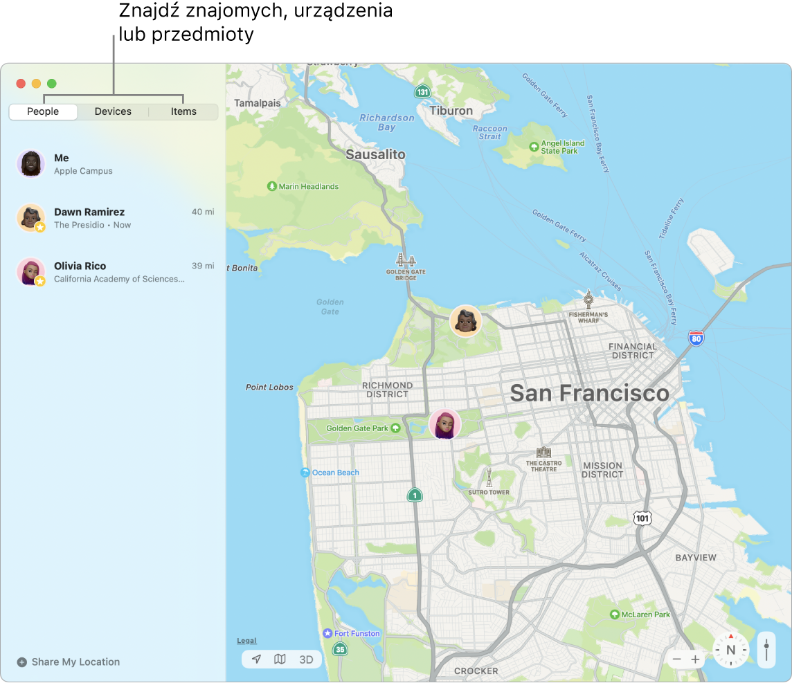 Zaznaczona karta Znajomi po lewej oraz mapa San Francisco po prawej. Na mapie wyświetlane jest położenie trzech znajomych.