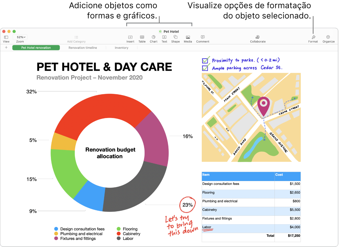 Uma janela do Numbers com a barra de ferramentas e suas ferramentas de edição na parte superior, o botão Colaborar próximo à parte superior direita e os botões Formatar e Organizar à direita. A barra lateral Formatar está aberta na aba Gráficos.