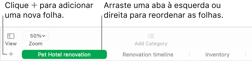 Janela do Numbers mostrando como adicionar uma nova folha e como reordenar as folhas.