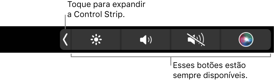 Tela parcial da Touch Bar padrão, mostrando a Control Strip minimizada. Toque no botão expandir para mostrar a Control Strip completa.