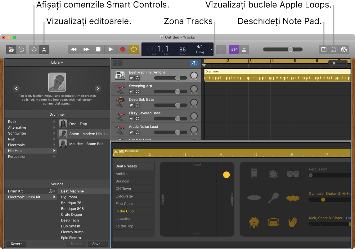 O fereastră GarageBand afișând butoanele pentru accesarea Smart Controls, Editori, Notițe și Apple Loops. De asemenea, aceasta indică afișarea pistelor.