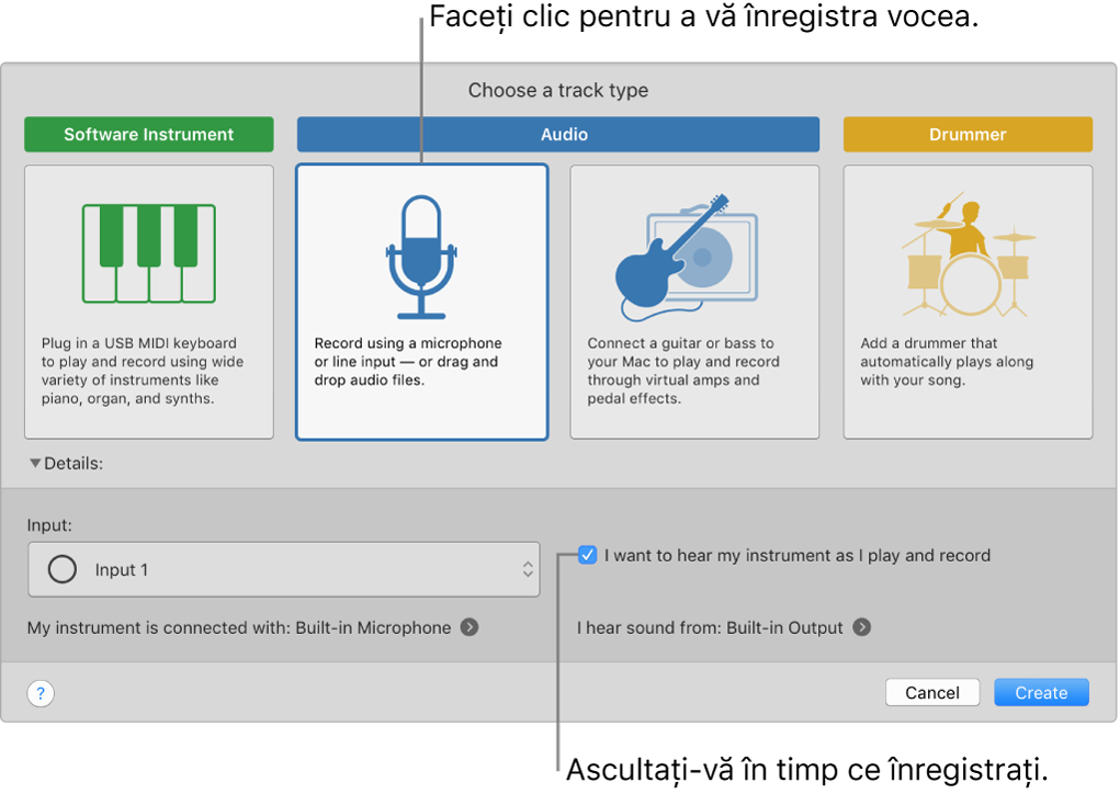 Panoul de instrumente GarageBand indicând unde să faceți clic pentru înregistrare vocală și cum să vă auziți atunci când înregistrați.